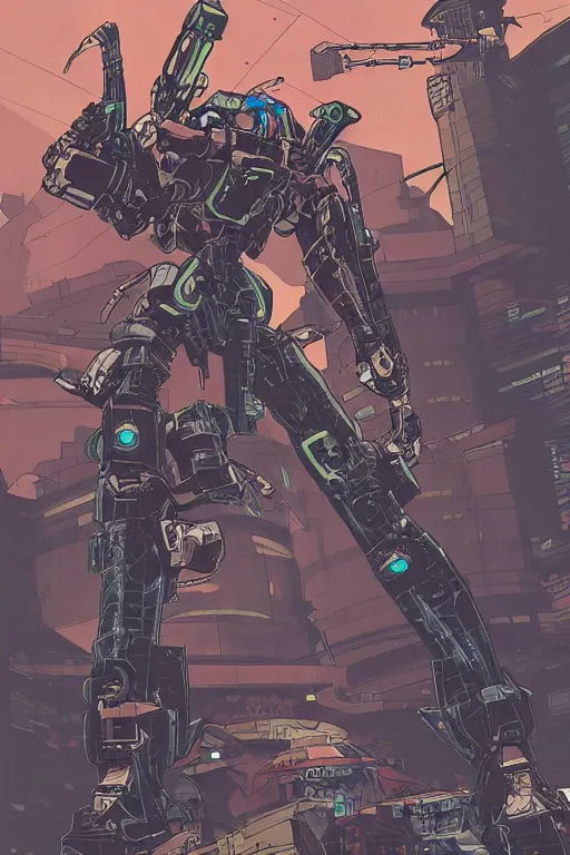 Image similar to cyberpunk mecha ninja is from borderlands and by feng zhu and loish and laurie greasley, victo ngai, andreas rocha, john harris