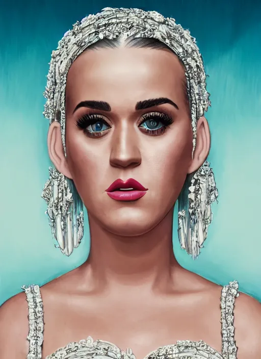 Image similar to cinematic portrait of pregnant katy perry in a white dress, intricate, elegant, highly detailed, smooth, sharp focus, symmetrical face, fine details, masterpiece, trending on artstation, 4 k hdr 3 5 mm photography