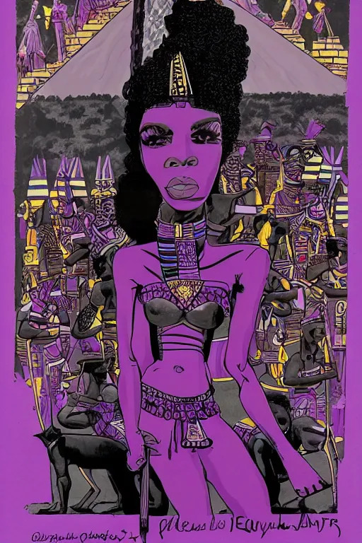 Image similar to A black Warrior Queen in purple surrounded by black panthers with Egyptian pyramids in the background