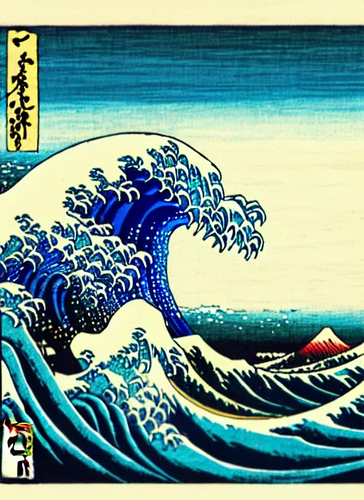 Image similar to a painting of waves in the ocean with mountains in the background, a woodcut by utagawa hiroshige ii, pixiv, ukiyoe, ukiyoe, vaporwave, woodcut