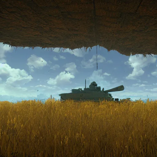 Prompt: a high resolution very detailed image from nier : automata of the russian tank final boss fight, in yellow rye field under blue sky