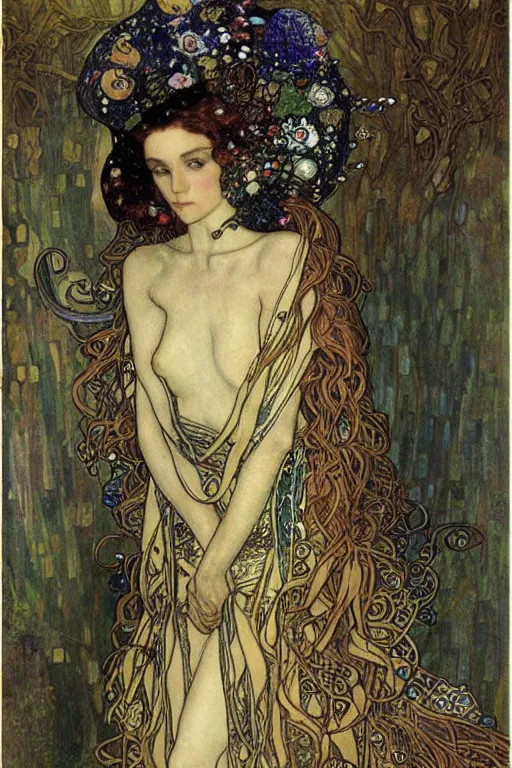 Image similar to Elven Queen by (Gustav Klimt), ((Alphonse Mucha)), Ayami Kojima, and ((Arthur Rackham))
