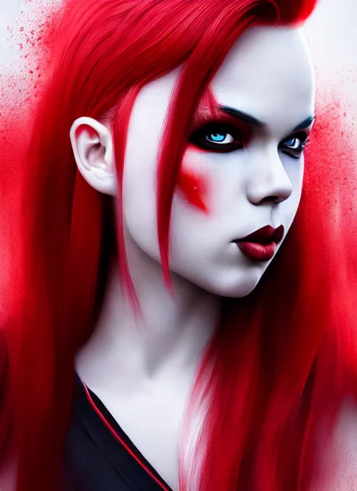 Prompt: photo of kerli koiv with red and white half dye in the style of stefan kostic, realistic, half body shot, sharp focus, 8 k high definition, insanely detailed, intricate, elegant, art by stanley lau and artgerm, foggy backgeound