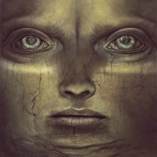 Image similar to when you look too long at the abyss the abyss looks back at you. by zdzislaw beksinski, hyperrealistic photorealism acrylic on canvas, resembling a high resolution photograph