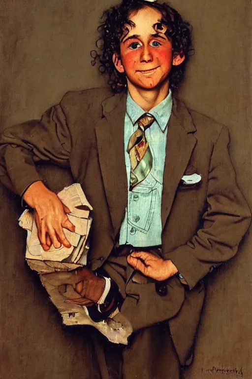 Image similar to a portrait painting of Tiny Tim. Painted by Norman Rockwell