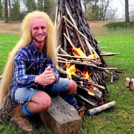 Prompt: photo of hillbilly smiling with long blonde hair around a bonfire, symmetric face