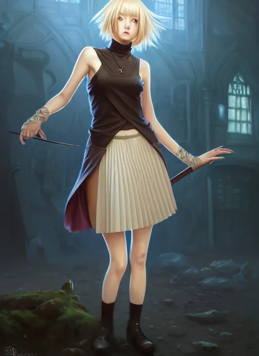 Image similar to portrait of a full body of beautiful young female detective, d & d, sleeveless turtleneck, pleated skirt, fantasy, flat lighting, intricate, highly detailed, digital painting, artstation, concept art, smooth, sharp focus, illustration, misa amane, art by simon bisley and greg rutkowski and alphonse mucha, natural tpose