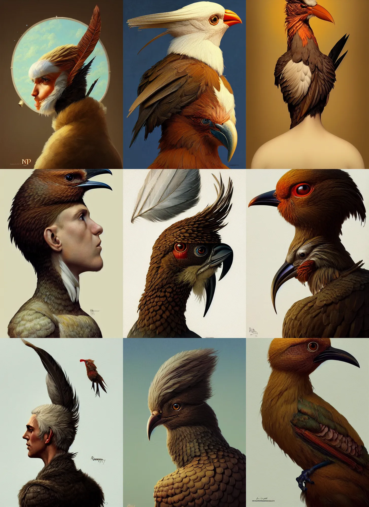 Prompt: rpg! profile!! portrait of humanoid bird on white background, beak, feathers, intricate, highly detailed, digital painting, artstation, concept art, smooth, sharp focus, illustration, art by norman rockwell emiliano ponzi andrey remnev yoann lossel aaron jasinski, 8 k