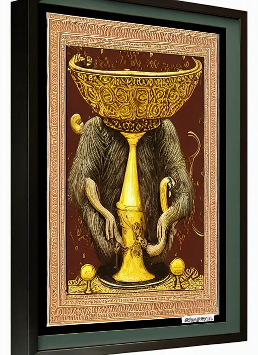 Image similar to sloth as the king of cups, copper cup, coper crown, poster framed, intricate details, medieval art style, high contrast, posterized