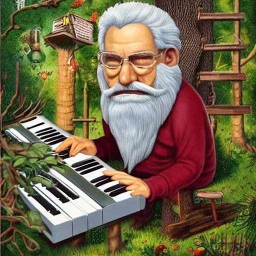 Image similar to old man white beard playing a synthesizer in a tree house, notes and clefs listening, lowbrow surrealistic, in the style of mark ryden,