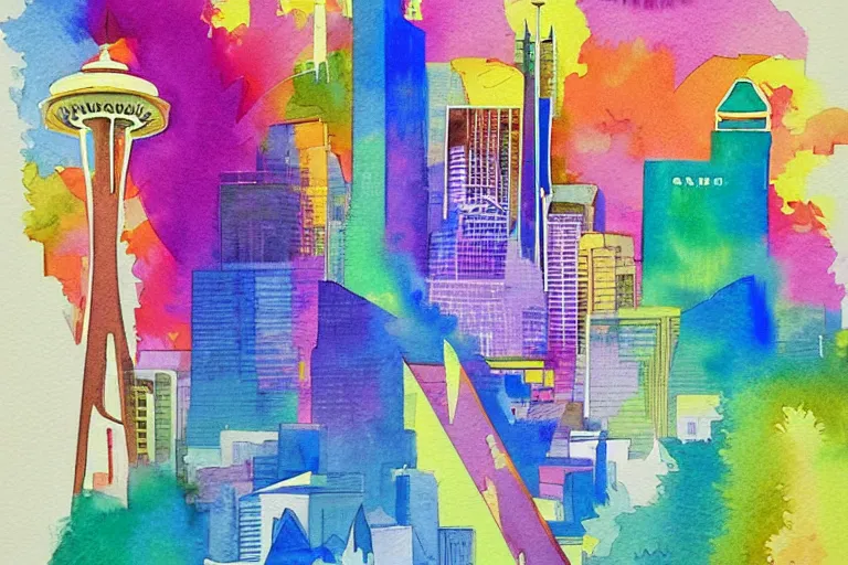 Image similar to !! watercolor!! seattle in a sunny day, artwork by tooth wu, colorful contrast,!!!! very coherent!!!!, dark shadow, thick lineart