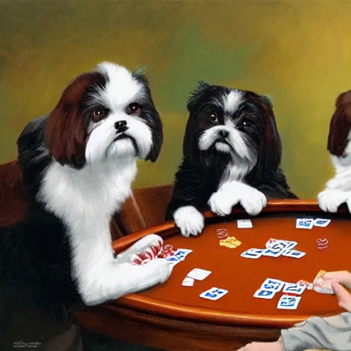Prompt: 4 shih tzus playing poker
