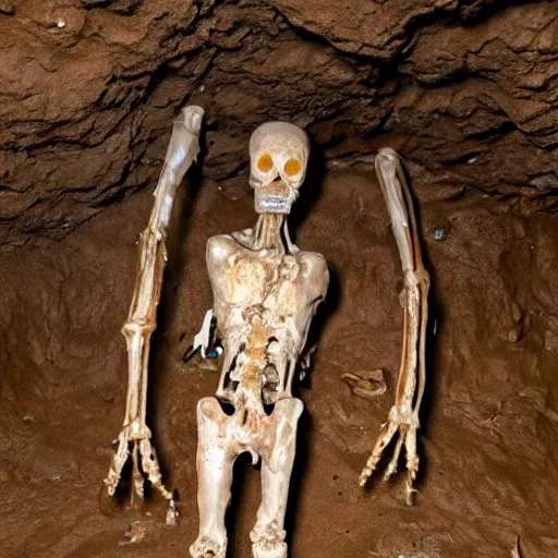 Image similar to humanoid made of translucent brown sludge full of animal bones, it has glowing yellow eyes, found in a cave made of clay, found footage, unsettling, flash photography,