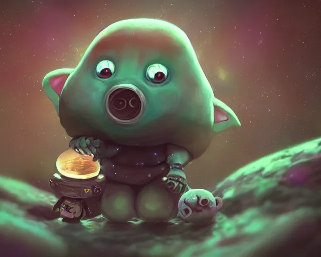 Image similar to 3D Fantasy Cute and adorable small alien piggy in space, huge adorable eyes, bright stars, Smooth 3D Illustration, soft render, Servando Lupini, Daniil Kudriavtsev, handpaint texture, Blender, 3DCoat