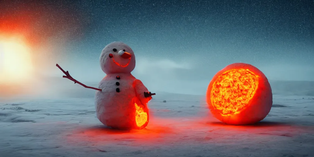 Image similar to a melted glowing snowman melting on top of the sun. the ground is made of fire and lava and is glowing orange. cinematic, dramatic, epic, volumetric lighting, atmospheric, red, orange extremely coherent, masterpiece, highly detailed, trending on artstation, 8 k, space, warm, solar flare, blade runner 2 0 4 9