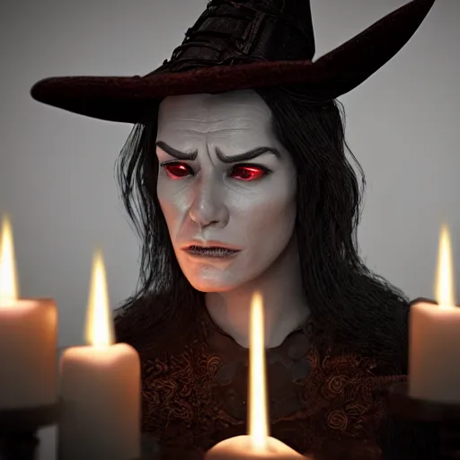 Prompt: portrait of angry witch, candles, beautiful, jaw dropping, 4 k, sharp focus, intricate and ornate, octane render