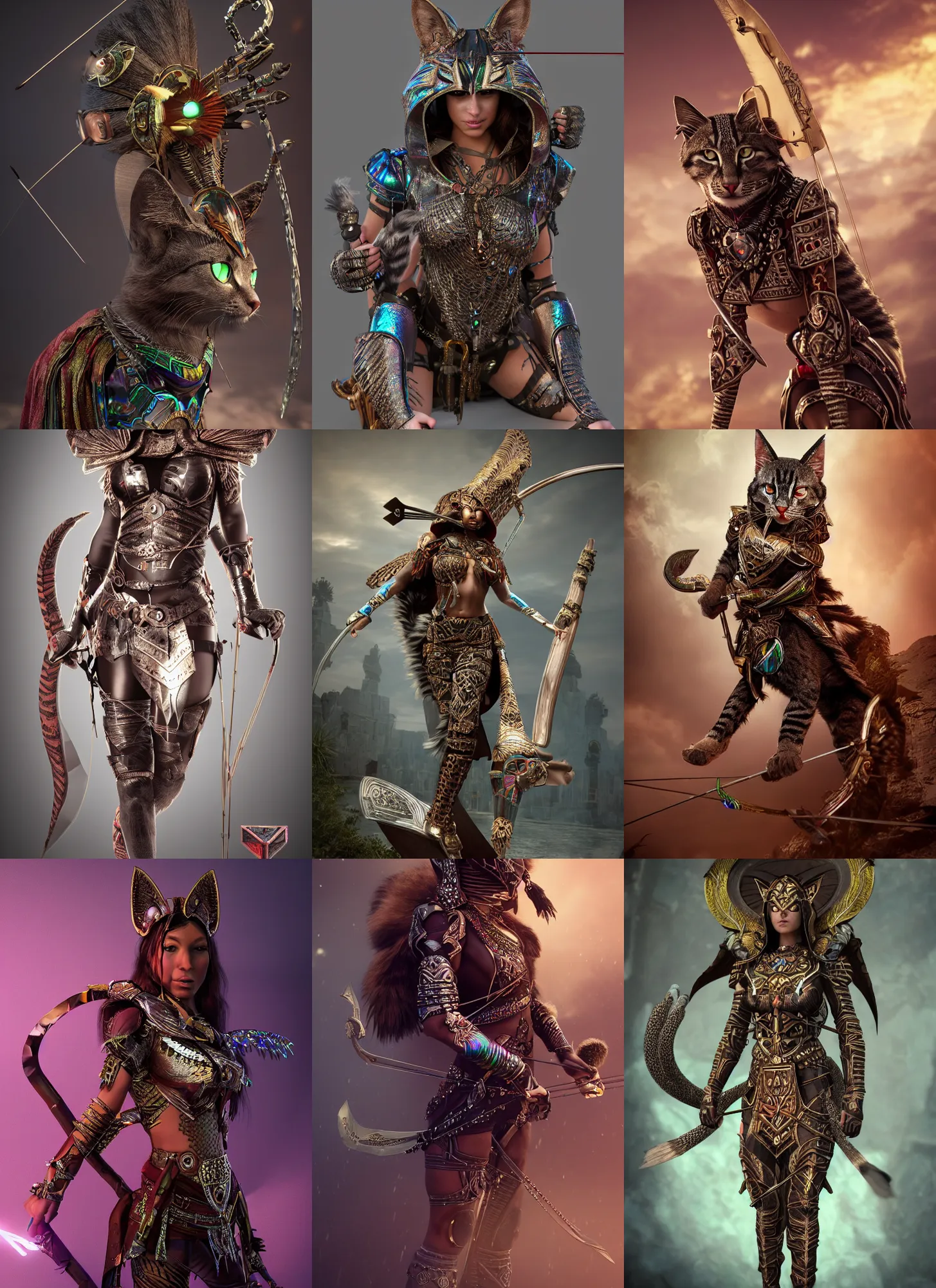 Prompt: aztec feline cat archer Super realistic 8K render of a dark hooded powerful elegant elite wearing iridescent steampunk armor brandishing a celestial bow extremely detailed, iridescent, high quality, epic, futuristic, octane render, beautiful, shimmering, deity Leesha Hannigan, Ross Tran, Thierry Doizon, Kai Carpenter, Ignacio Fernández Ríos