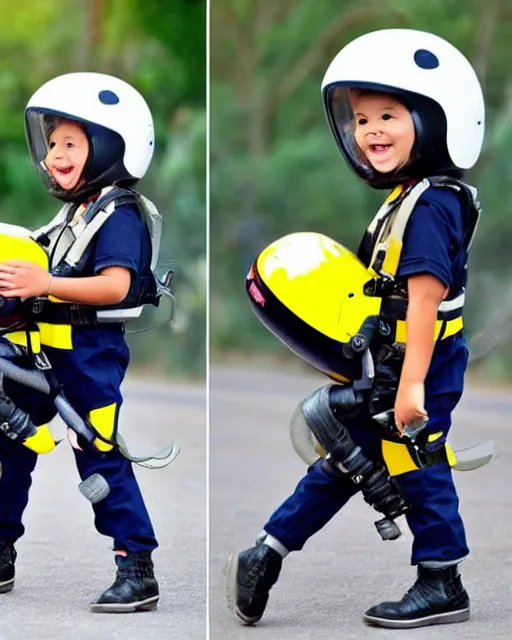 Prompt: cute toddlers wearing flight suits and motorcycle helmets, fly to school using their jet packs, hyperreal