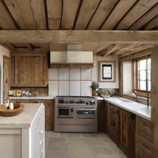 Prompt: modern rustic luxury bespoke kitchen design by Harvey Jones