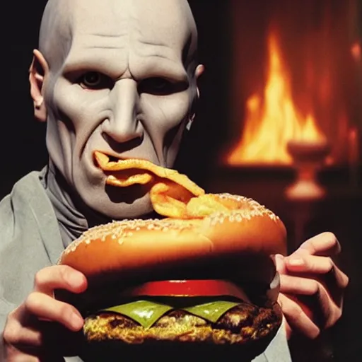 Image similar to Lord Voldemort eating a cheeseburger, photo realistic, award-winning, highly-detailed, epic, cinematic, dramatic