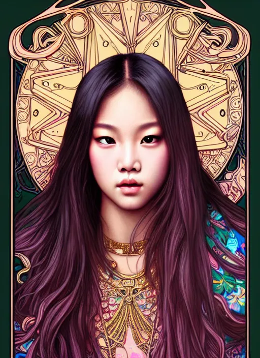 Image similar to jennie manoban of blackpink, tarot card, highly detailed, digital painting, smooth, sharp focus, illustration, ultra realistic, 8 k, art by artgerm and alphonse mucha