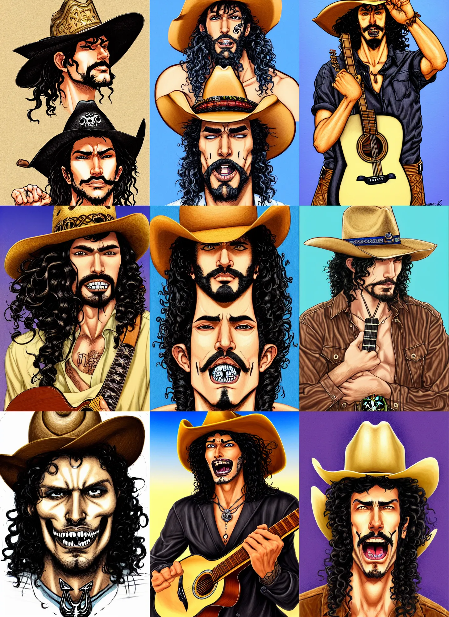 Prompt: illustration of a handsome!! man with long black curly hair + tan skin + anchor goatee, acoustic guitar | wearing a cowboy hat with a skull emblem | art by hirohiko araki & jean giraud & artgerm & jack kirby | artstation, character design, concept art, full body, digital painting | intricate, high detail, smooth, sharp focus