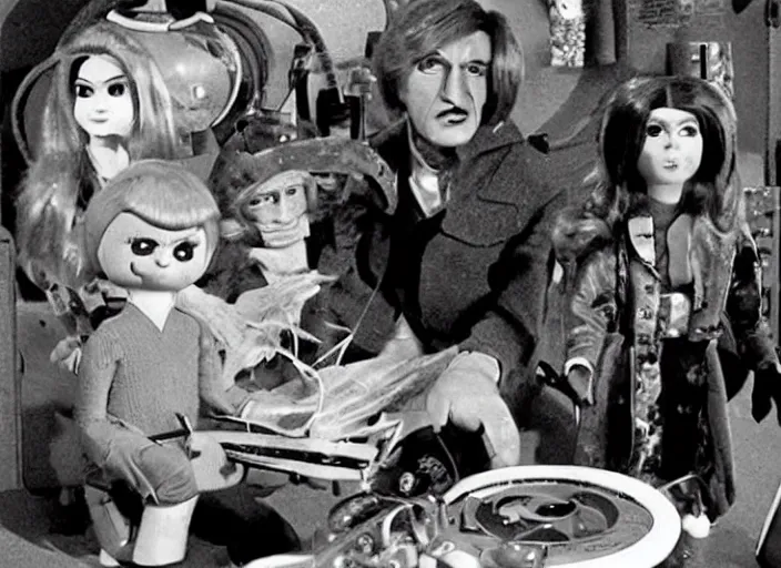 Image similar to a scene from a 1 9 7 0 s british kids tv programme by the bbc and gerry anderson, supermarionation, vhs distortion, folk horror, hauntology