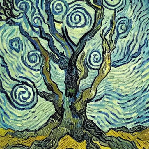 Prompt: a tree with eyes, award winning art, by van gogh