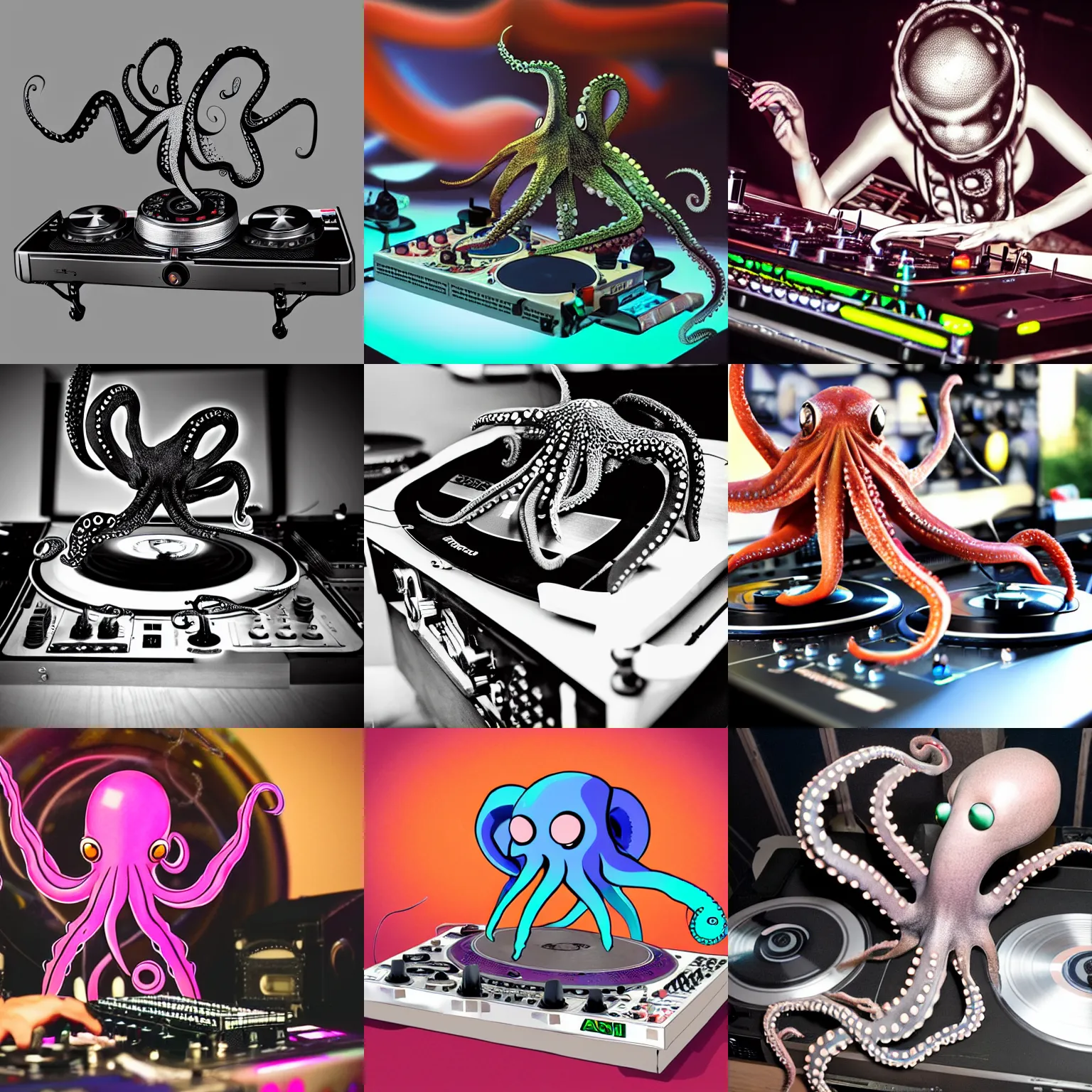 Prompt: an octopus DJing with DJ turntables, photoreal