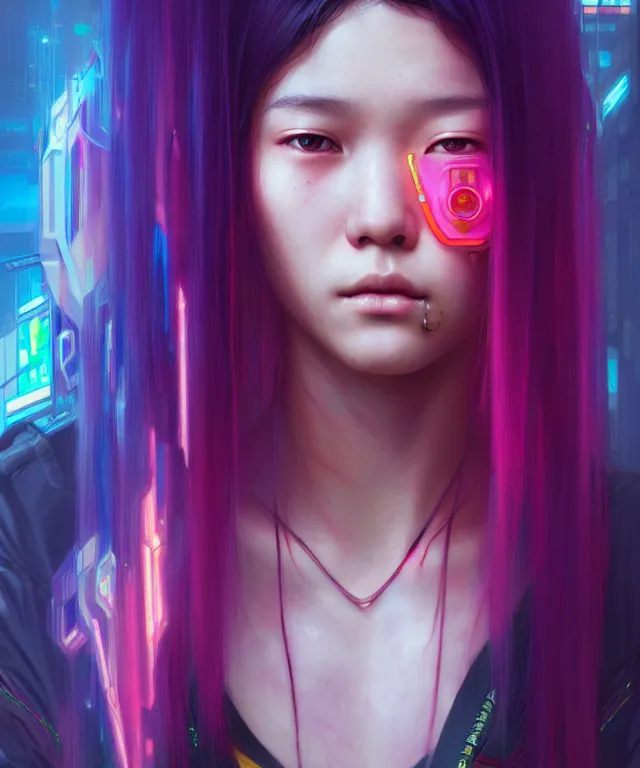 Image similar to Cyberpunk teenage girl, portrait, Asian features, face, rainbow coloured hair intricate, elegant, highly detailed, digital painting, artstation, concept art, smooth, sharp focus, illustration, art by artgerm and greg rutkowski and alphonse mucha