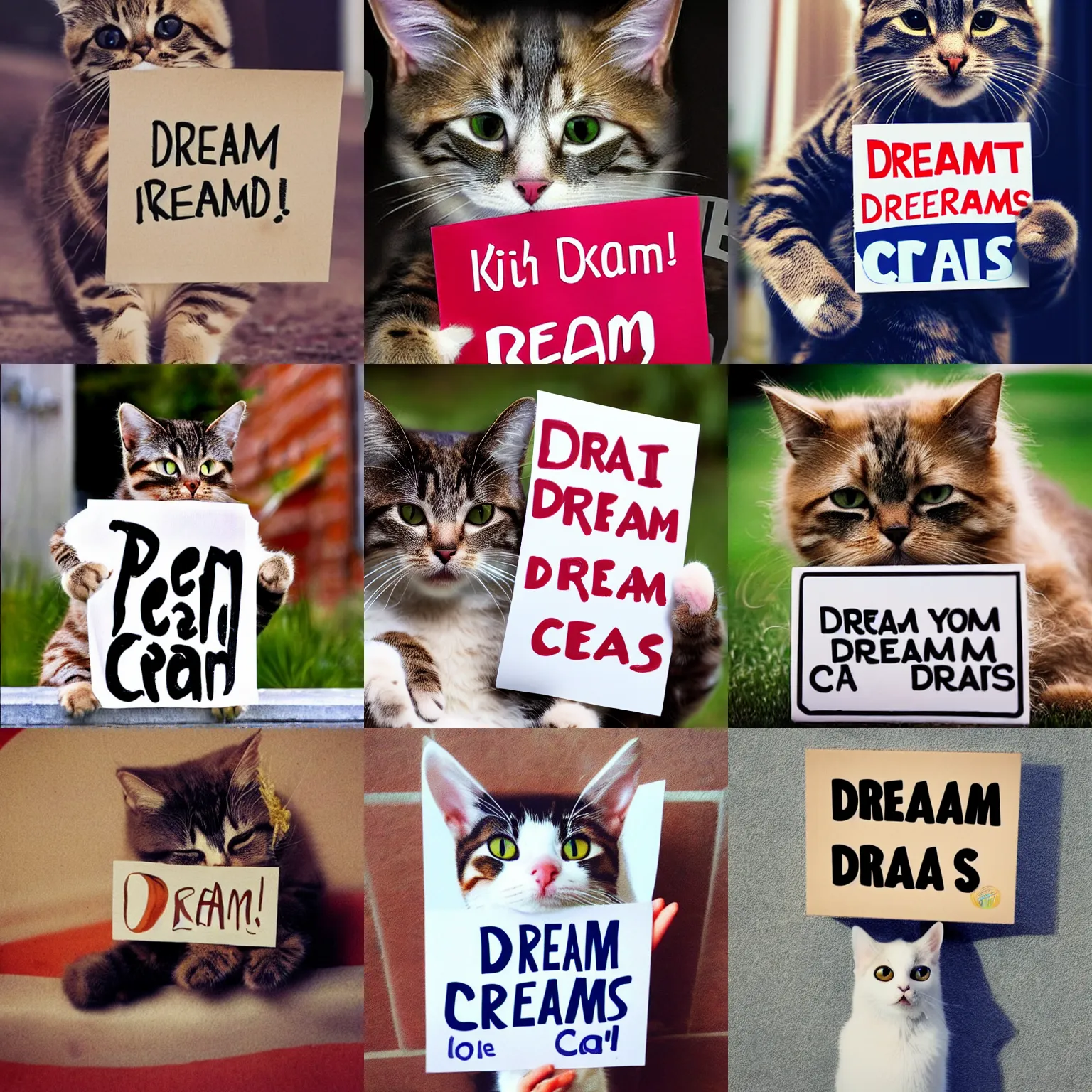 Image similar to realistic high quality photo of a cute cat holding a sign with text that reads : dream cats