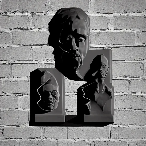Image similar to three dimensional illusion portrait sticking out of a wall. black marble. cast iron. human. candle light