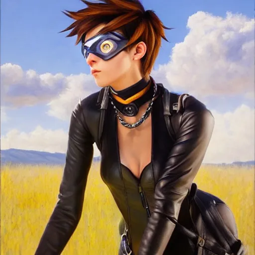 Prompt: oil painting of tracer overwatch in a field wearing very large black leather collar around neck, in style of mark arian, expressive face, very detailed face, wearing leather choker, very detailed eyes, full body, feminine face, detailed makeup on eyes,