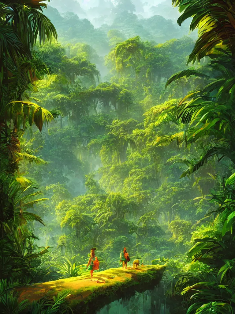 Prompt: a lush jungle near the river and old ruin, Digital Matte Illustration by RHADS and asher brown durand