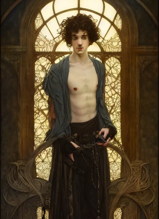 Image similar to edmund dulac, leyendecker, highly detailed portrait, a beautiful androgynous kit harrington, long hair, tall and thin, wearing several pendants, art nouveau, stephen bliss, unreal engine, by greg rutkowski, loish, ferdinand knab, ilya kuvshinov, rossdraws, tom bagshaw, alphonse mucha, global illumination, radiant light