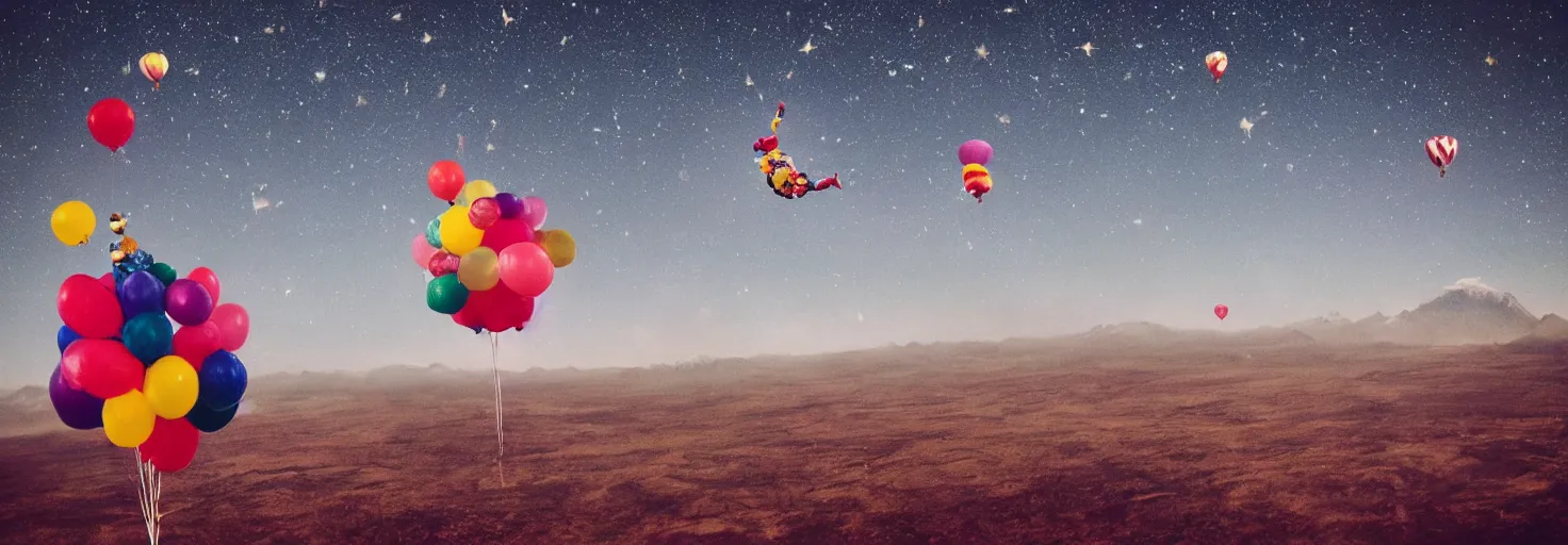 Prompt: a clown and balloons floating in space, entire planet Earth in the background, sky full of stars, inspiring, epic, cinematic, award-winning, highly-detailed