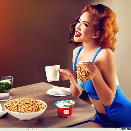 Image similar to Attractive and beautiful lizard pinup model eating cereal in an healthy breakfast ad