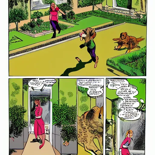 Image similar to golden retriever walking on a garden, isometric aerial panel, comic art by kirby, gibbons and buscema