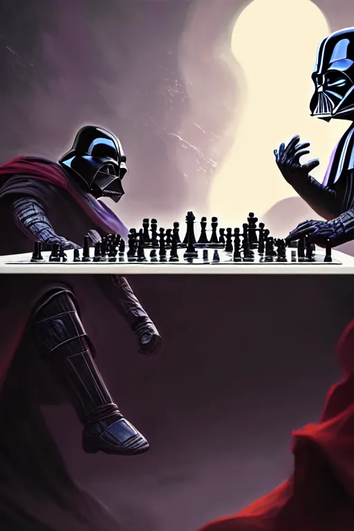 Image similar to darth vader playing chess against thanos on a marble table, extremely detailed digital painting, in the style of fenghua zhong and ruan jia and jeremy lipking and peter mohrbacher, mystical colors, rim light, beautiful lighting, 8 k, stunning scene, raytracing, octane, trending on artstation