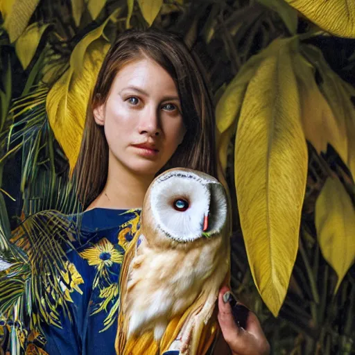 Image similar to portrait photograph of beautiful!!!! young female , symmetric face!, symmetric eyes, slight smile, natural light, wearing a yellow kimono!! with a very detailed barn owl! on her shoulder in a tropical greenhouse. looking at the camera!!. golden crown made of golden leaves. super resolution. Extremely detailed. Graflex camera!, bokeh!!!!!. by alphonse mucha.