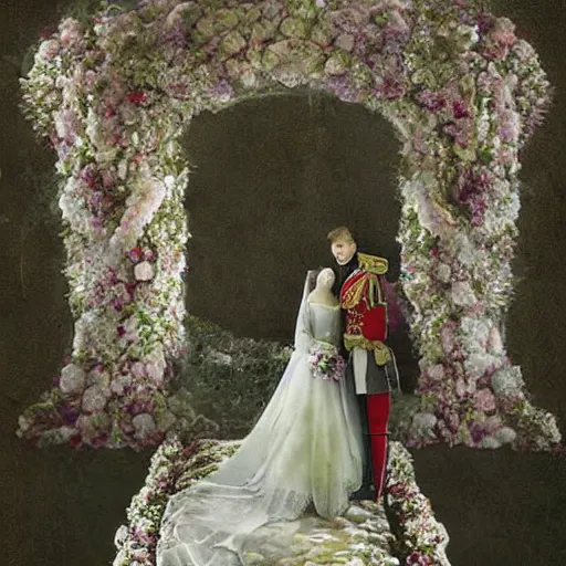 Image similar to A Russian and Japanese mix historical fantasy of a photograph taken of the royal wedding floral covered isle inspired by a enchanted ethereal forest, 1907 photo from the official wedding photographer for the royal wedding.