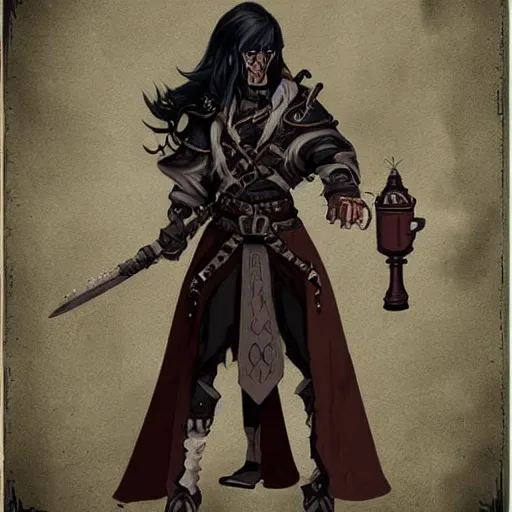 Image similar to DND concept character tan mercenary rogue, with long black hair, leather armor, possessed by a demon, holding a flask, grimoire neck chain