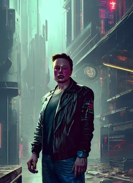 Image similar to portrait of elon musk as a homeless character in cyberpunk 2 0 7 7, looking at camera, intricate, dystopian, sci - fi, extremely detailed, digital painting, artstation, concept art, smooth, sharp focus, illustration, intimidating lighting, incredible art by artgerm and greg rutkowski and alphonse mucha and simon stalenhag