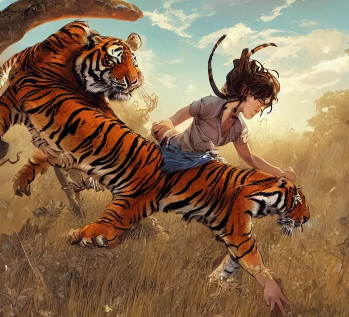 Image similar to a girl fighting a tiger, full shot, visible face, ambient lighting, detailed, art by ayami kojima, makoto shinkai, kilian eng