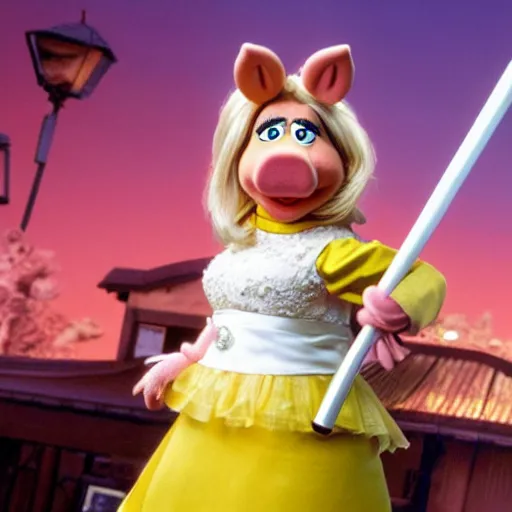 Prompt: Miss Piggy as the Bride in Kill Bill, holding sword, photo, ultra detailed, 4k