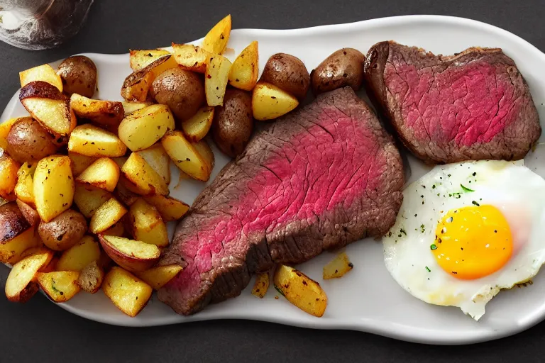 Prompt: a delicious looking plate of steak and eggs, with perfectly seasoned potatoes and breakfast hash browns