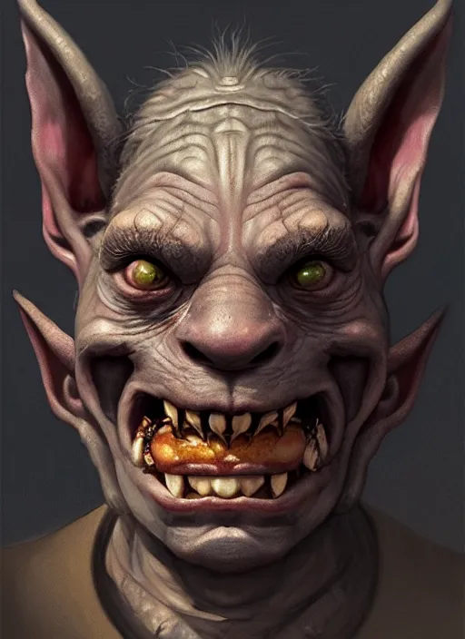 Image similar to profile face portrait of a medieval goblin eating cakes in the cloisters, beautiful face, hyper realistic, highly detailed, digital painting, artstation, illustration, concept art by hyung tae and frank frazetta, digital paint, matte paint, washed colors, dark, gloomy