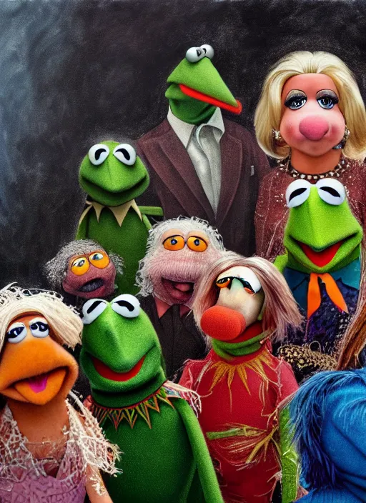 Prompt: a beautiful detailed, realistic painting in the style of bosch of the muppets, f 8, 4 k hd wallpaper