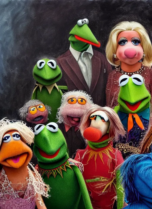 Image similar to a beautiful detailed, realistic painting in the style of bosch of the muppets, f 8, 4 k hd wallpaper