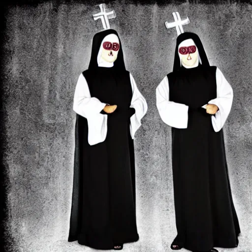 Prompt: two freaky floating twin nuns